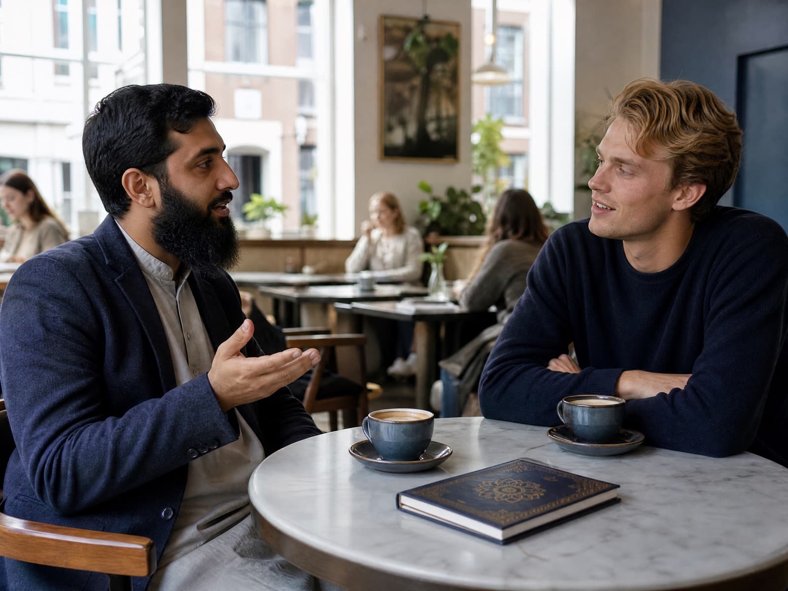 To mænd i afslappet samtale over kaffe på en café
